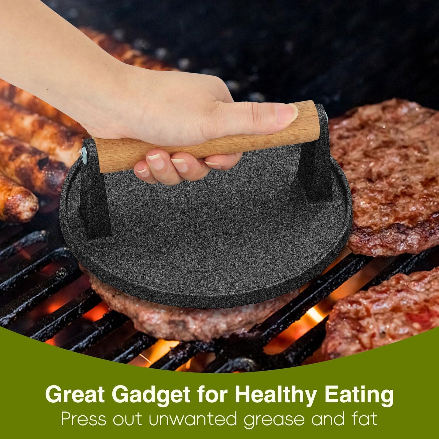 Wildone Burger Press, 7" round & 8.2"X4.3" Rectangle Heavy-Duty Cast Iron Smash Bacon Press Meat Steak with Wood Handle for Griddle, Sandwich, Panini, Nonstick Pan