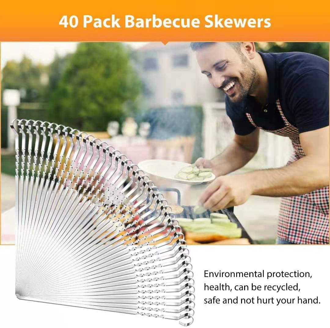 Kabob Skewers, AIDOIT 40 PCS 15.2 Inch Flat Metal BBQ Barbecue Skewer Stainless Steel Shish Kebob Sticks Wide Reusable Grilling Skewers Set for Meat Shrimp Chicken Vegetable