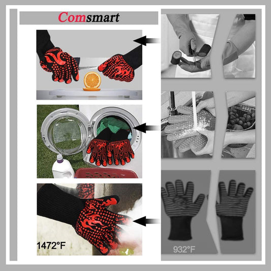 BBQ Gloves, 1472 Degree F Heat Resistant Grilling Gloves Silicone Non-Slip Oven Gloves Long Kitchen Gloves for Barbecue, Cooking, Baking, Cutting