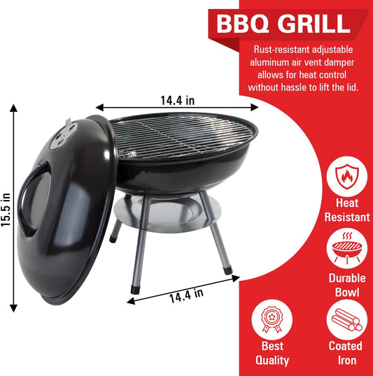 Alpine Cuisine Premium 14" Charcoal BBQ Grill round for Outdoor Cooking, Barbecue Coal Kettle Bowl Grill Portable Heavy Duty round with Legs Grilling for Tailgating Patio Backyard Camping - Black