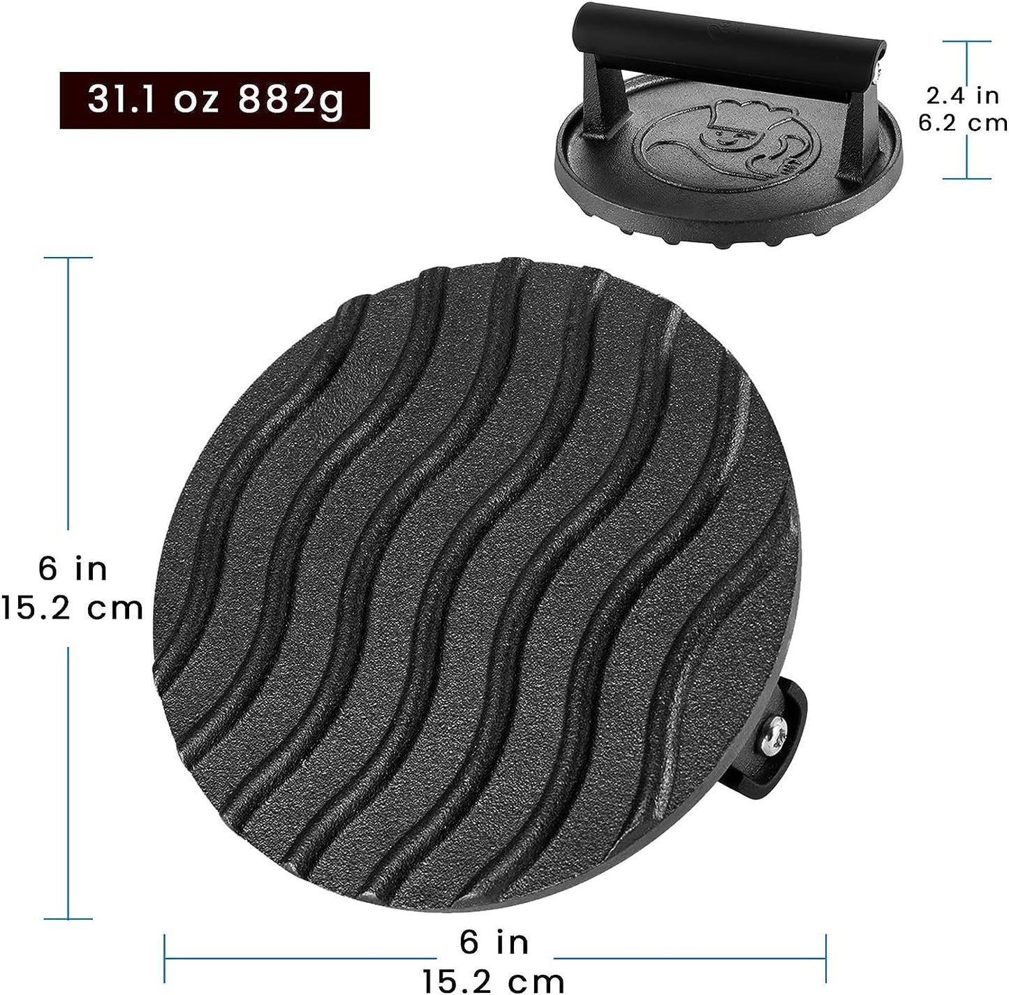 Smash Burger Press - Heavy Duty Hamburger Press W/Heat Resistant Handle - Cast Iron Grill Press, Bacon Press, Sandwich Press - round Burger Smasher for Griddle - Meat Press - BBQ Grilling Accessories