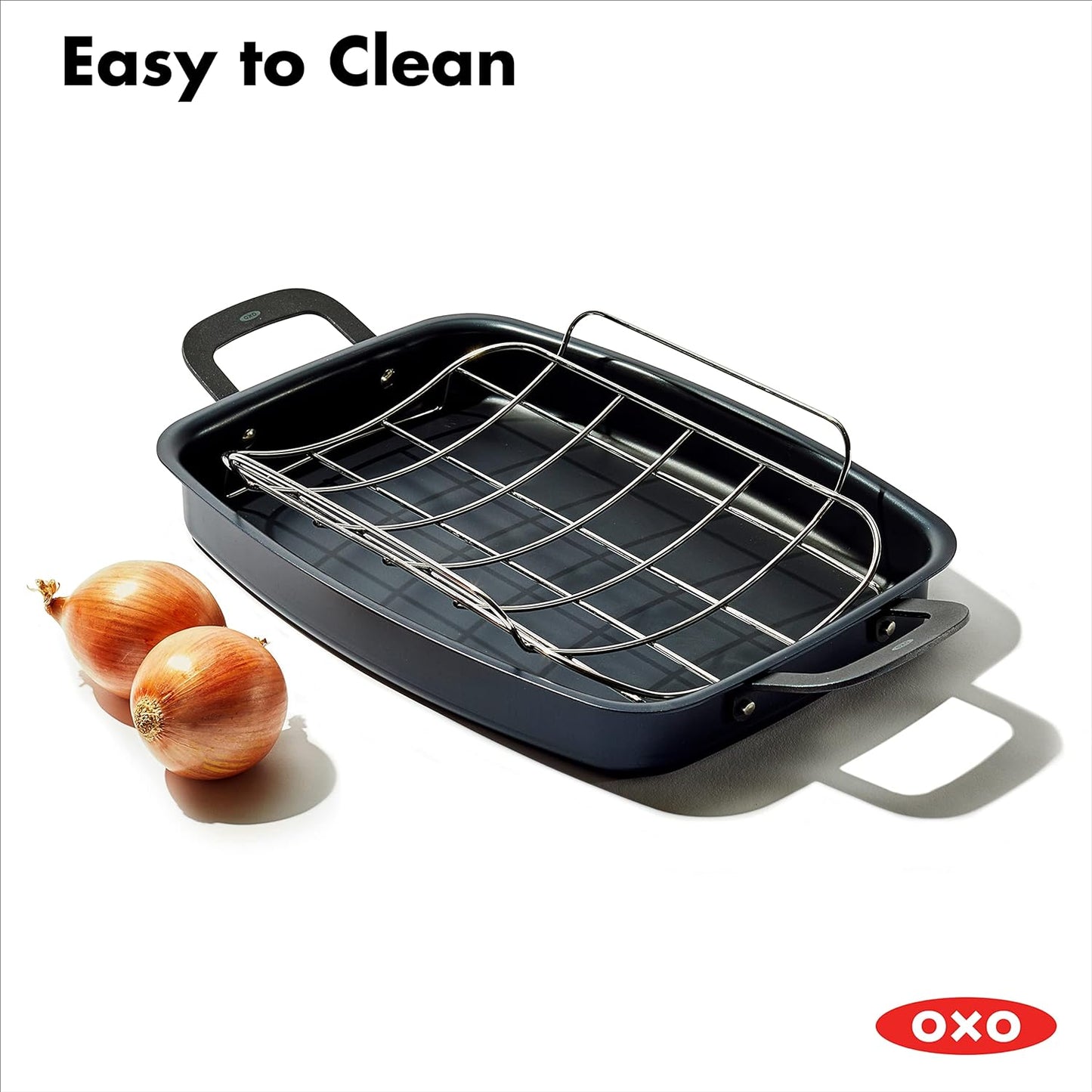 OXO Obsidian Pre-Seasoned Carbon Steel, 15" X 10.5" Roasting Pan with Stainless Steel Roaster Rack, Induction, Black