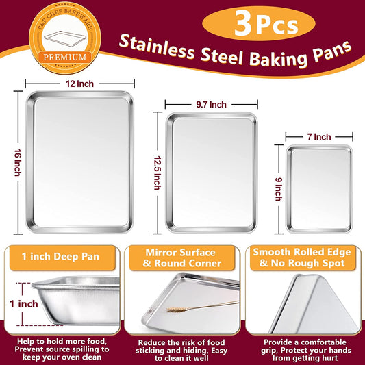 P&P CHEF Baking Sheet and Rack Set, 6 PACK (3 Sheets + 3 Racks), 3 Sizes Stainless Steel Baking Pans Cookie Sheets with Cooling Racks for Cooking & Roasting, Oven & Dishwasher Safe, Healthy & Durable
