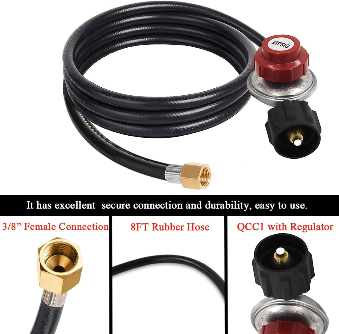 "8FT High Pressure Propane Hose with Adjustable Regulator - Ideal for Outdoor Grill Gas Fitting, Grill, Burner, Fryer, and Cooker - 0-20 PSI - 3/8" Flare X 1/8" NPT Male"
