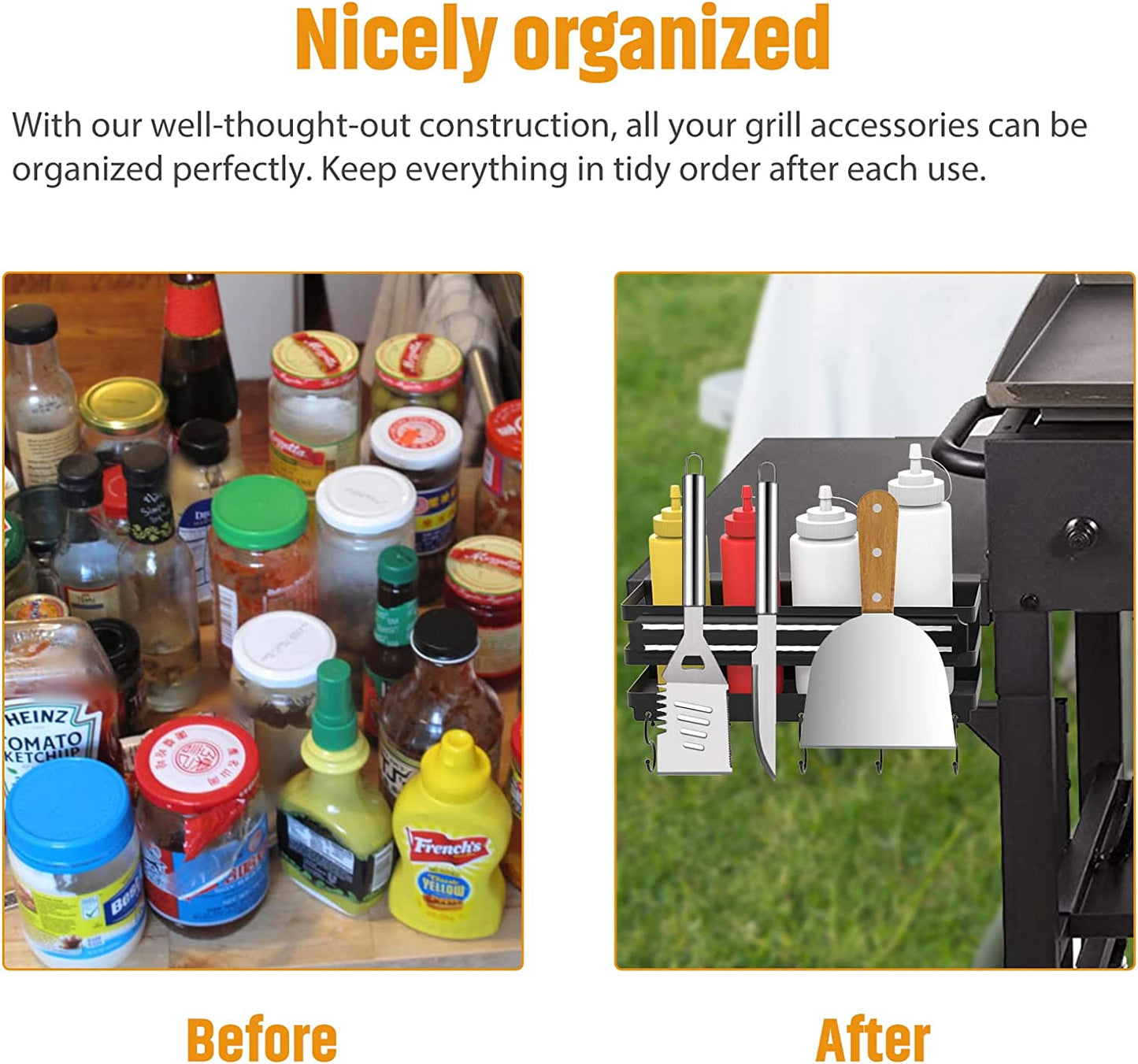 Stainless Steel Griddle Caddy with Magnetic BBQ Utensils Strip for 28"/36" Blackstone Griddles, with a Allen Key, Space Saving BBQ Accessories Storage Box, Free from Drill Hole&Easy to Install