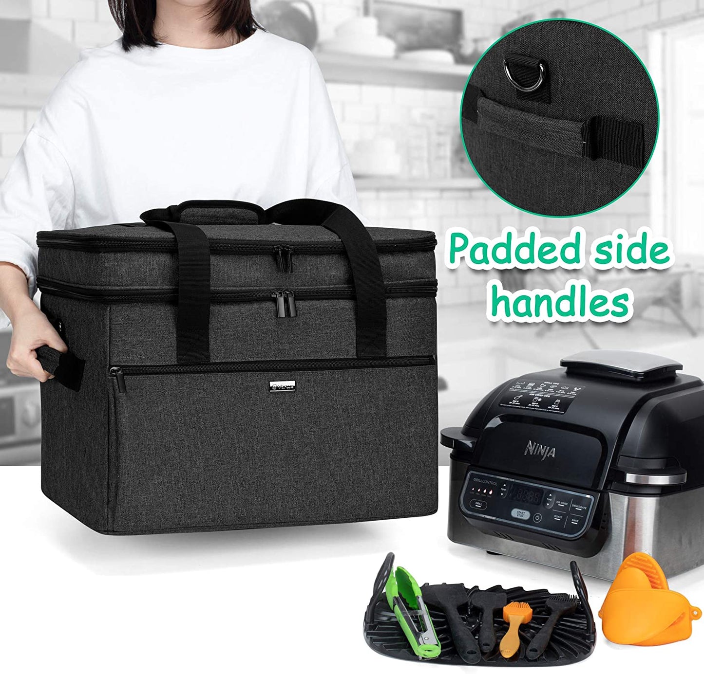 Double Layers Carrying Bag Compatible with Ninja Foodi Grill, Travel Tote Bag with Pockets Compatible with Ninja Foodi 5-In-1 Indoor Grill and Kitchen Accessories, Black