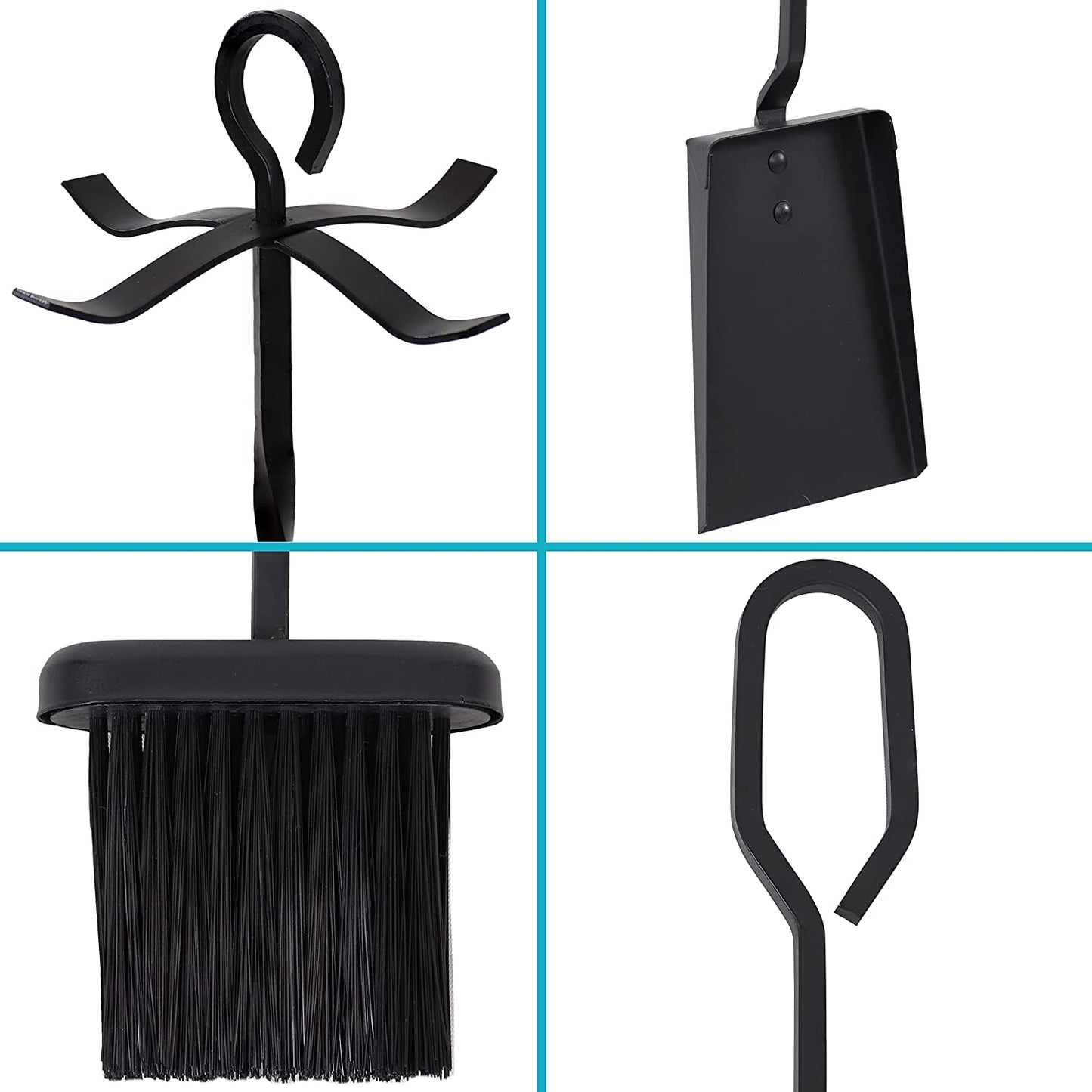 Sunnydaze 4-Piece Fireplace Tool Set with Stand - Heavy-Duty Black Steel Poker, Shovel, Log Grabber and Broom