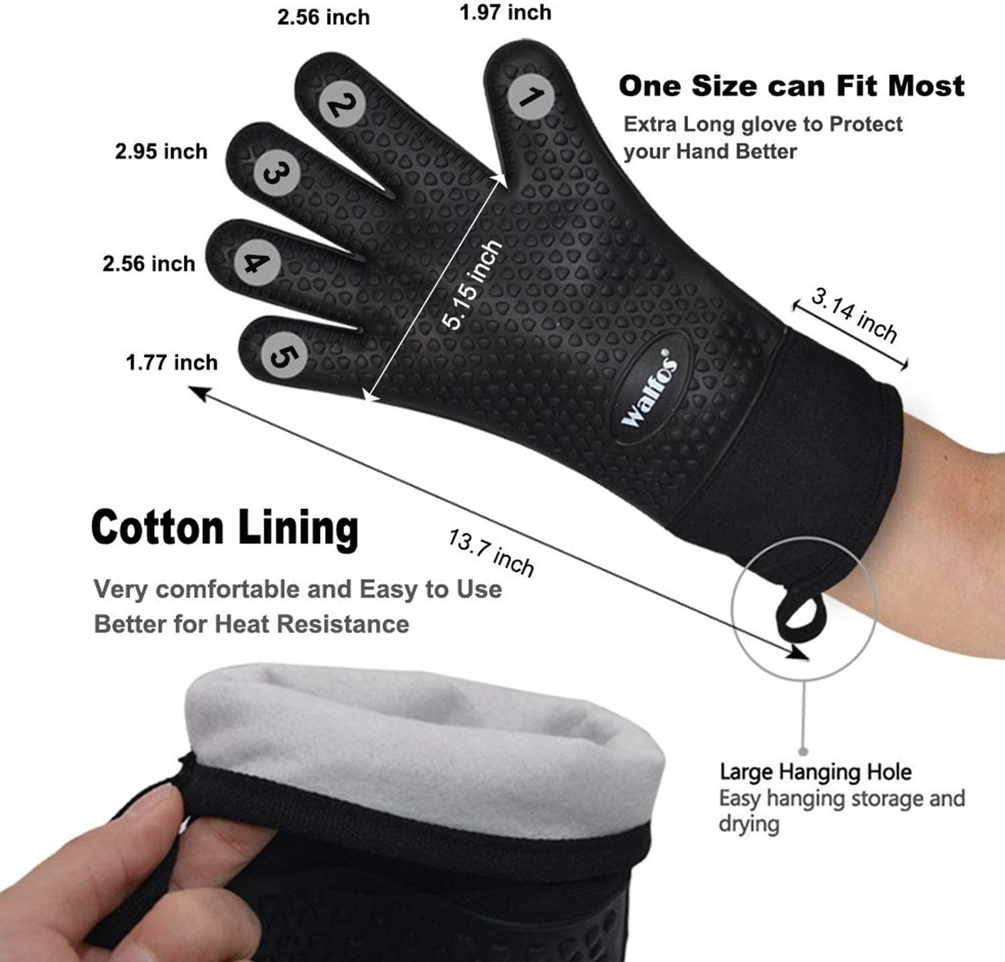 Grilling Gloves - Heat Resistant Silicone Oven Mitt, Premium Non-Slip Silicone Internal Protective Cotton Layer, Waterproof, Great for Grilling, Kitchen and Cooking (Black)…