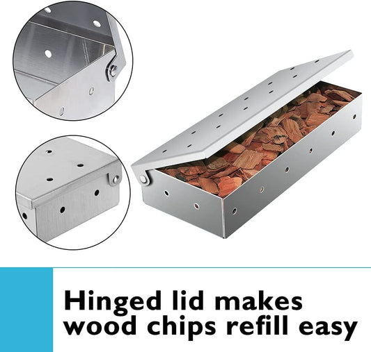 Stainless Steel BBQ Smoker Box for Grilling Barbecue Wood Chips on Gas Grill or Charcoal Grill Grilling Accessories with Basting Brush