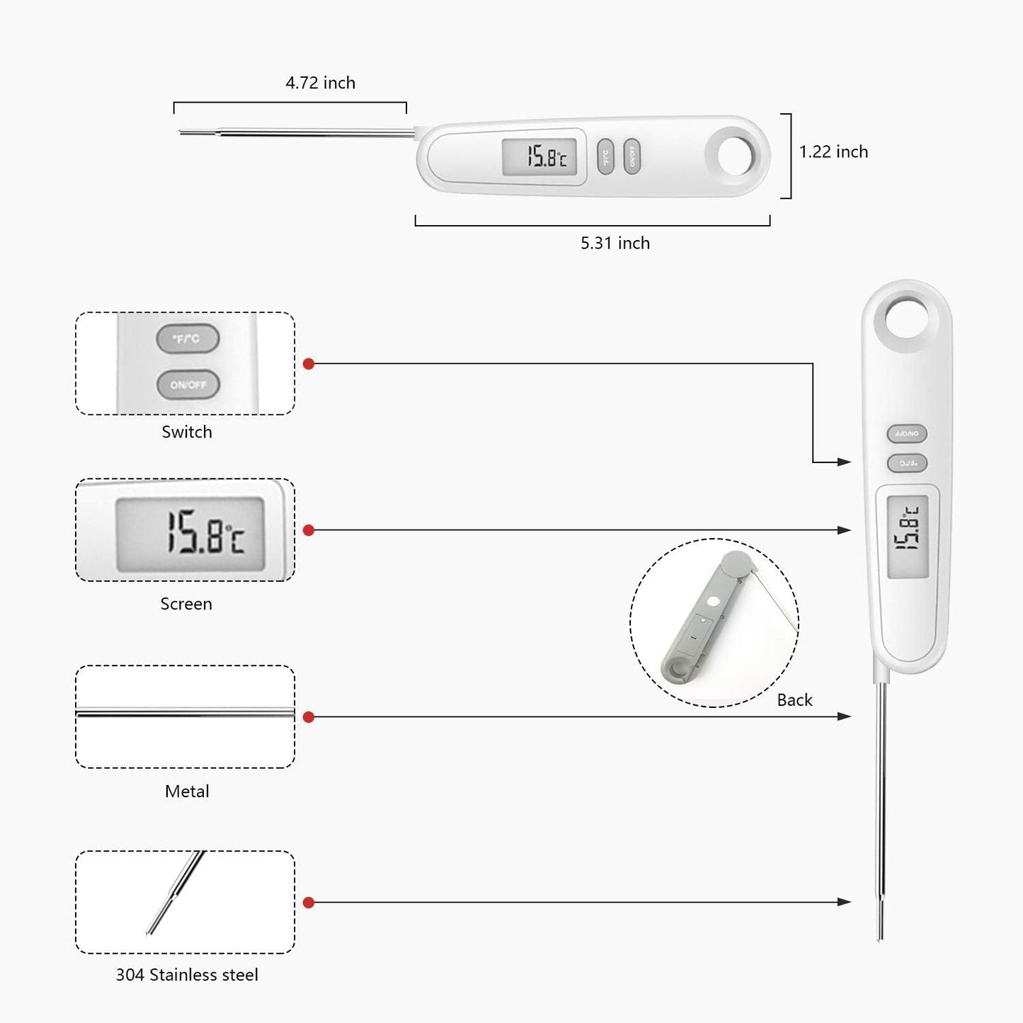 Instant Read Meat Thermometer for Kitchen Cooking, Waterproof Food Thermometer with Stainless Steel Probe and Backlight for BBQ, Grilling and Bakery White