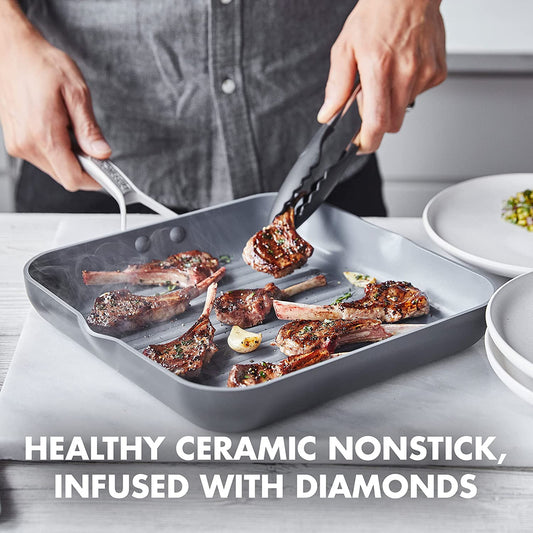 Paris Pro Hard Anodized Healthy Ceramic Nonstick, 11" Square Grill Pan, Pfas-Free, Dishwasher Safe, Grey