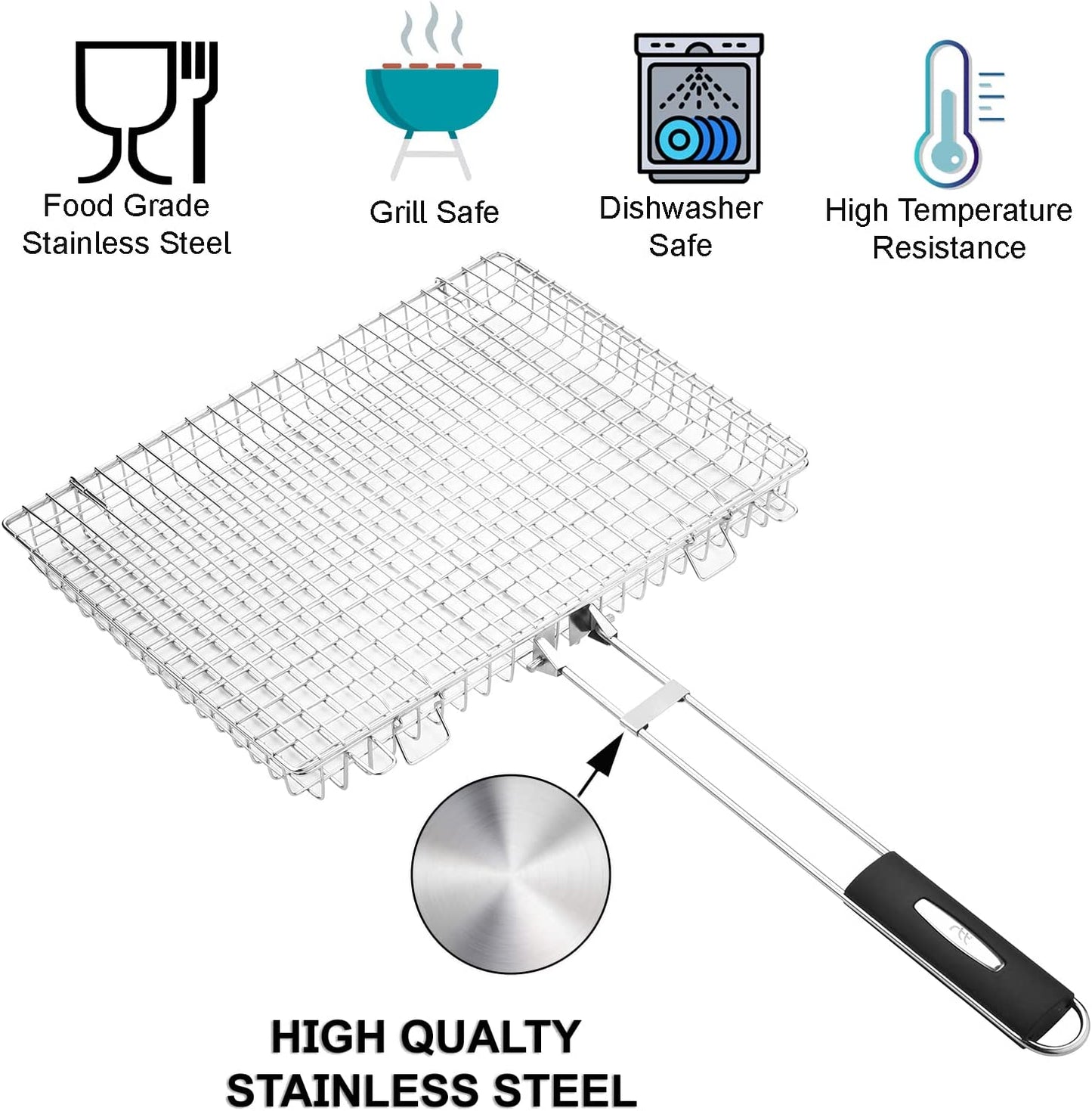 Grill Basket Extra Large,Grill Accessories for Outdoor Grill,Grilling Gifts for Men,Fish Grill Basket, Shrimp Vegetable, Veggie, Barbecue BBQ Rack, Camping Cooking, Unique Detachable Handle