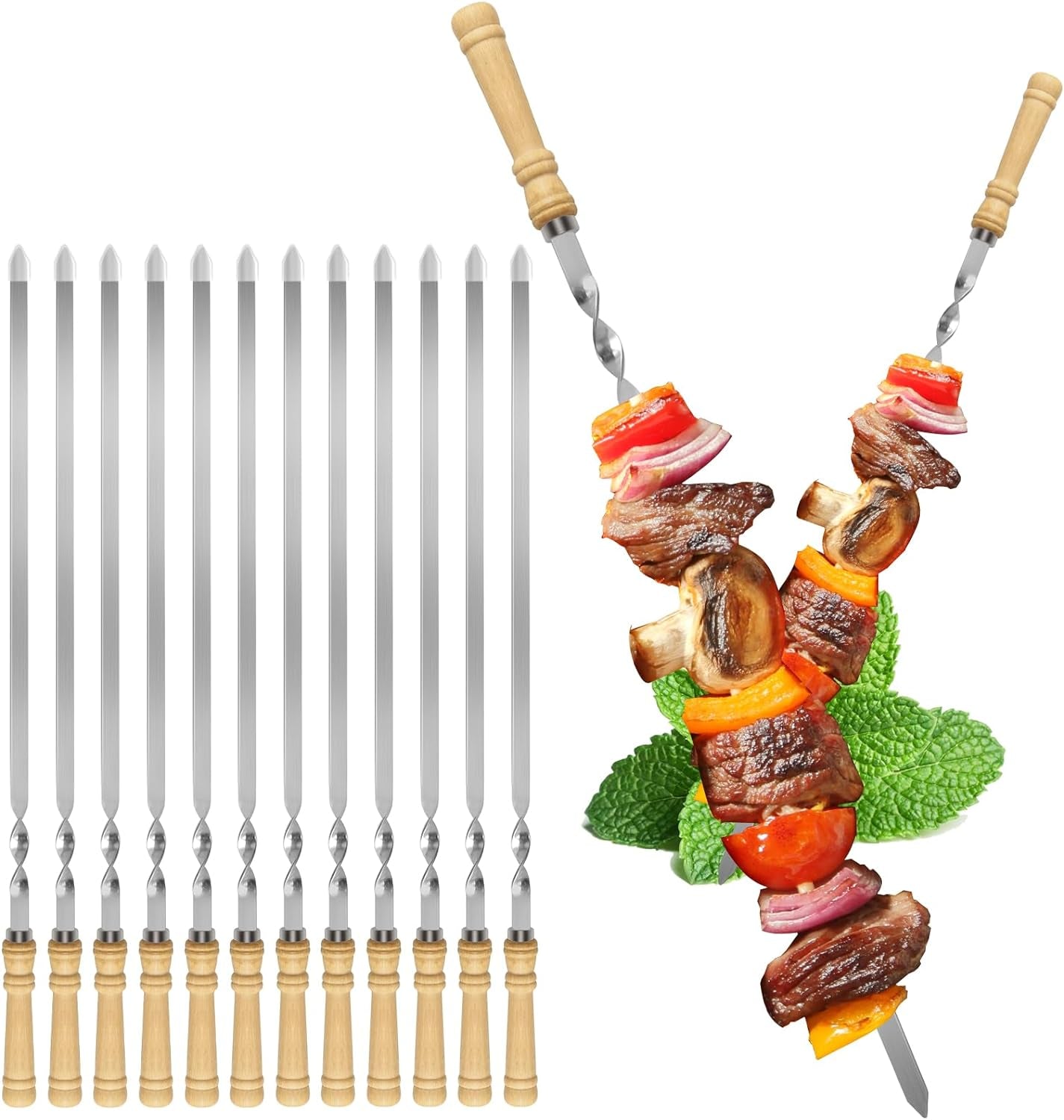 Kabob Skewers,23.6 Inch Flat Skewers for Grilling with Wooden Handle,Reusable Stainless Steel Metal BBQ Barbecue Skewer,Shish Kebab Stick Set for Meat Shrimp Chicken Vegetable-12Pcs.