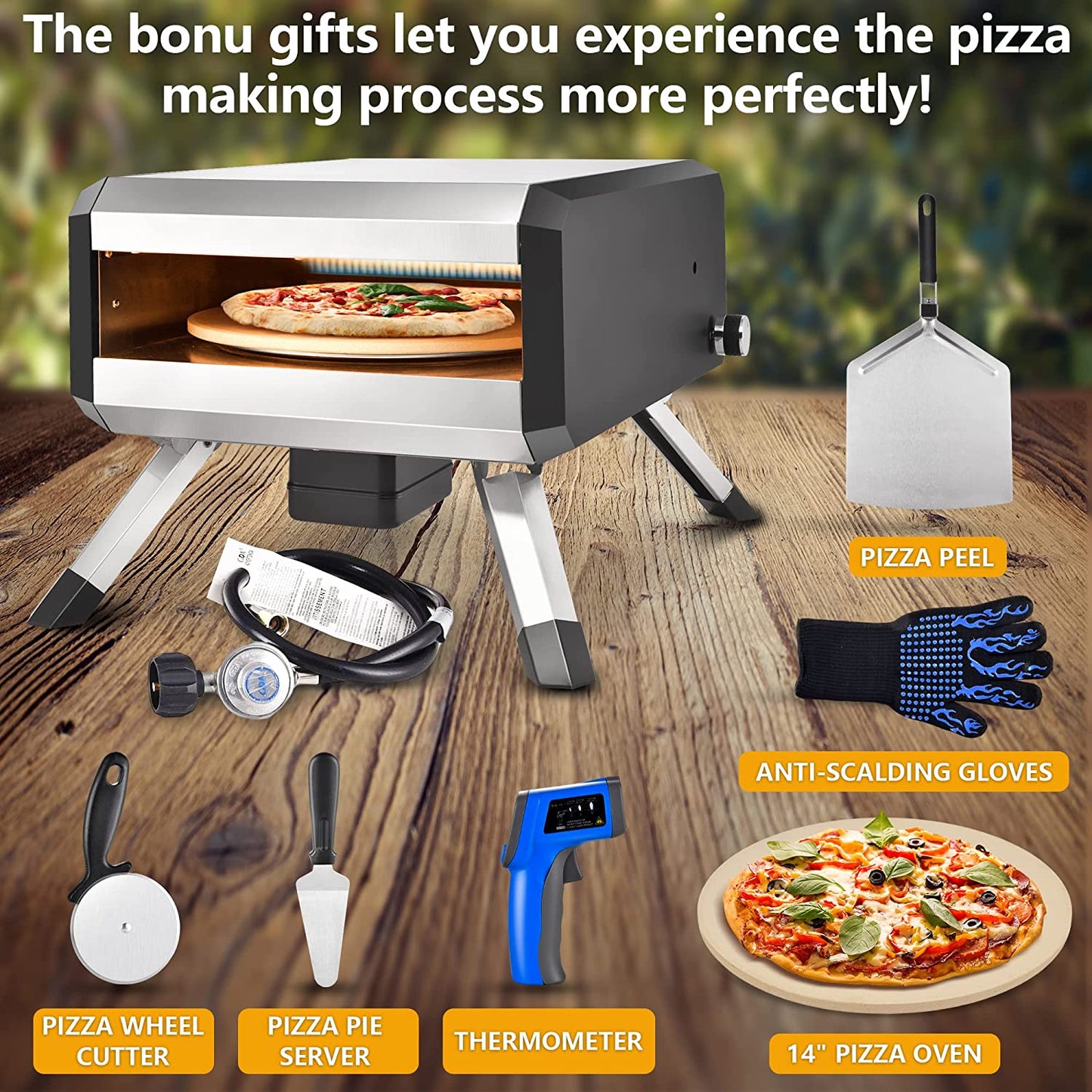 -Outdoor Gas Pizza Oven, Rotating Propane Pizza Grill Oven for Exterior Backyard Pizza Maker with 14" Pizza Stone, Portable Pizza Ovens for outside with Pizza Peel,Pia,Cutter,Gloves and Thermometer.