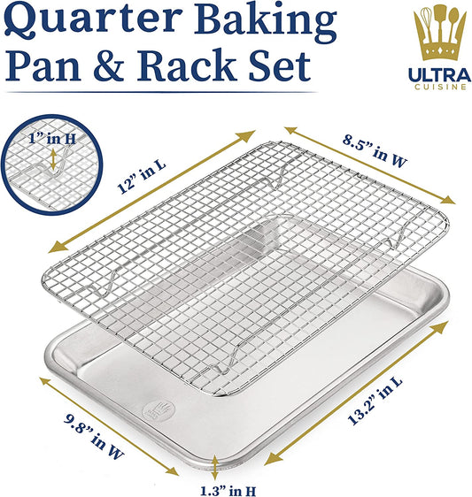 Oven-Safe Baking Pan with Cooling Rack Set - Quarter Sheet Pan Size - Includes Premium Aluminum Baking Sheet and 100% Stainless Steel Baking Rack for Oven - Durable, Easy Clean, Commercial Quality