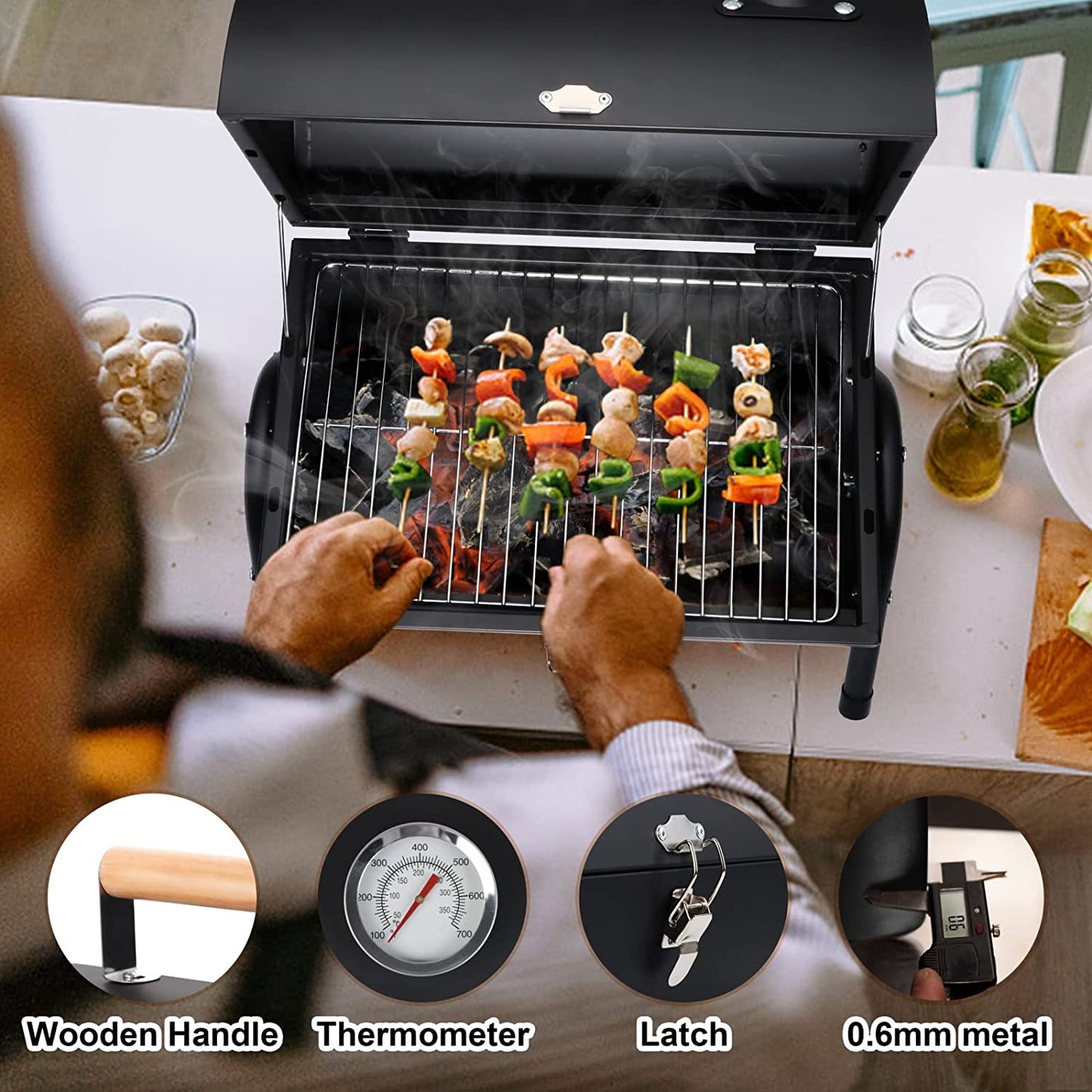 Portable Charcoal Grill, Hasteel Small Folding Outdoor Grill, Mini Black Barbecue Grill with Thermometer, Compact Tabletop BBQ Grill for Camping Picnic Backyard Patio, 116 Square Inches & Screwdriver