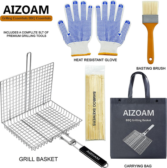 Grill Basket Grill Basket Stainless Steel BBQ Grilling Basket Large Folding Grill Basket with Removable Handle. Grill Basket for Fish,Vegetables . Grill Accessories BBQ Accessories Grilling Gifts for Men Dad .