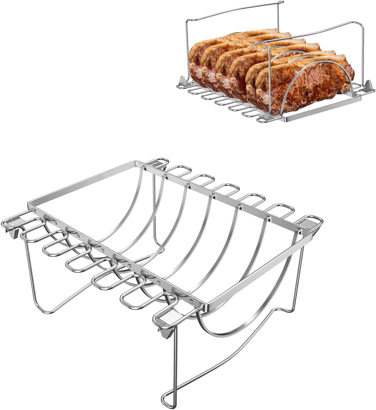 BMMXBI Foldable 3-In-1 Chicken Leg Rib Rack for Grill, Oven, Holds 12 Chicken Leg Wing, 6 Large Ribs, 1 Whole Chicken, Stainless Steel Rib Chicken Drumstick Roasting Racks Smoker Accessories