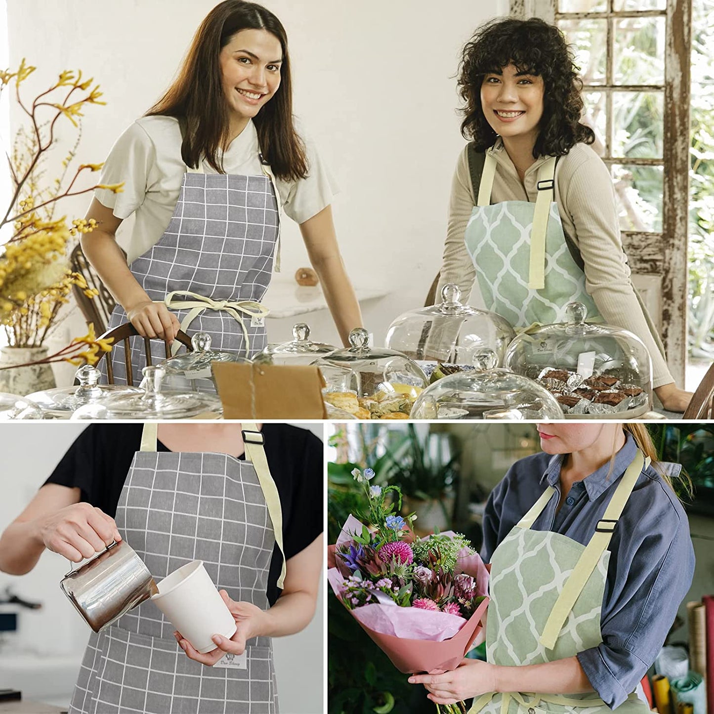 2 Pieces Aprons for Women with Pockets, Cotton Linen Waterproof Kitchen Cooking Aprons, Chef Apronfor Men Women with Adjustable Neck Strap and Long Ties(Grey/Green)