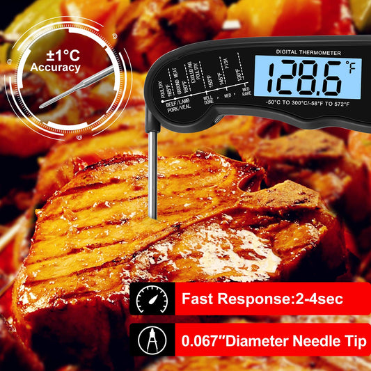 KULUNER TP-01 Waterproof Digital Instant Read Meat LCD Thermometer with 4.6” Folding Probe Backlight & Calibration Function for Cooking Food Candy, BBQ Grill, Liquids,Beef(Black)