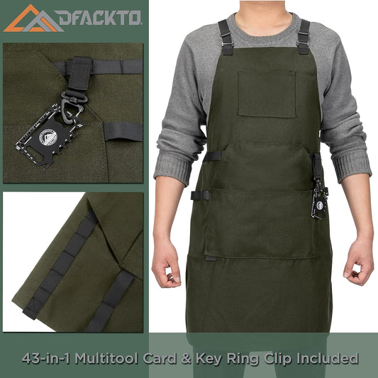 Chef Apron, Heavy Duty 12Oz Canvas, Cross Back and Neck Straps, 43-In-1 Multitool, Tactical Buckle and Clip