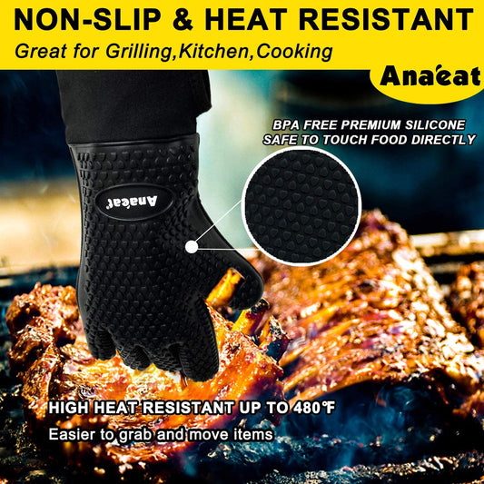 Anaeat BBQ Grilling Gloves Heat Resistant, Versatile Waterproof Cooking Gloves - 100% Cotton Lining Silicone Oven Mitts, Flexible Potholder for Barbecue, Baking - Thick Long Wrist Protection (Black)