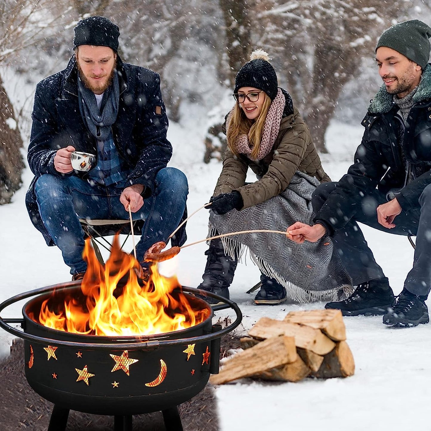PHI VILLA 30" Outdoor Wood Burning Firepit with Cooking Grate, Patio Deep Bowl Steel Fire Pits for outside with Adjustable Swivel BBQ Grill Pan, Star & Moon Cutouts Pattern, Poker & Spark Screen