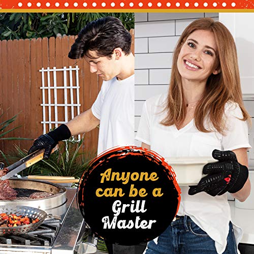 GRILL HEAT AID BBQ Gloves Heat Resistant 1,472ā Extreme. Dexterity in Kitchen to Handle Cooking Hot Food in Oven, Cast Iron, Pizza, Baking, Barbecue, Smoker & Camping. Fireproof Use for Men & Women
