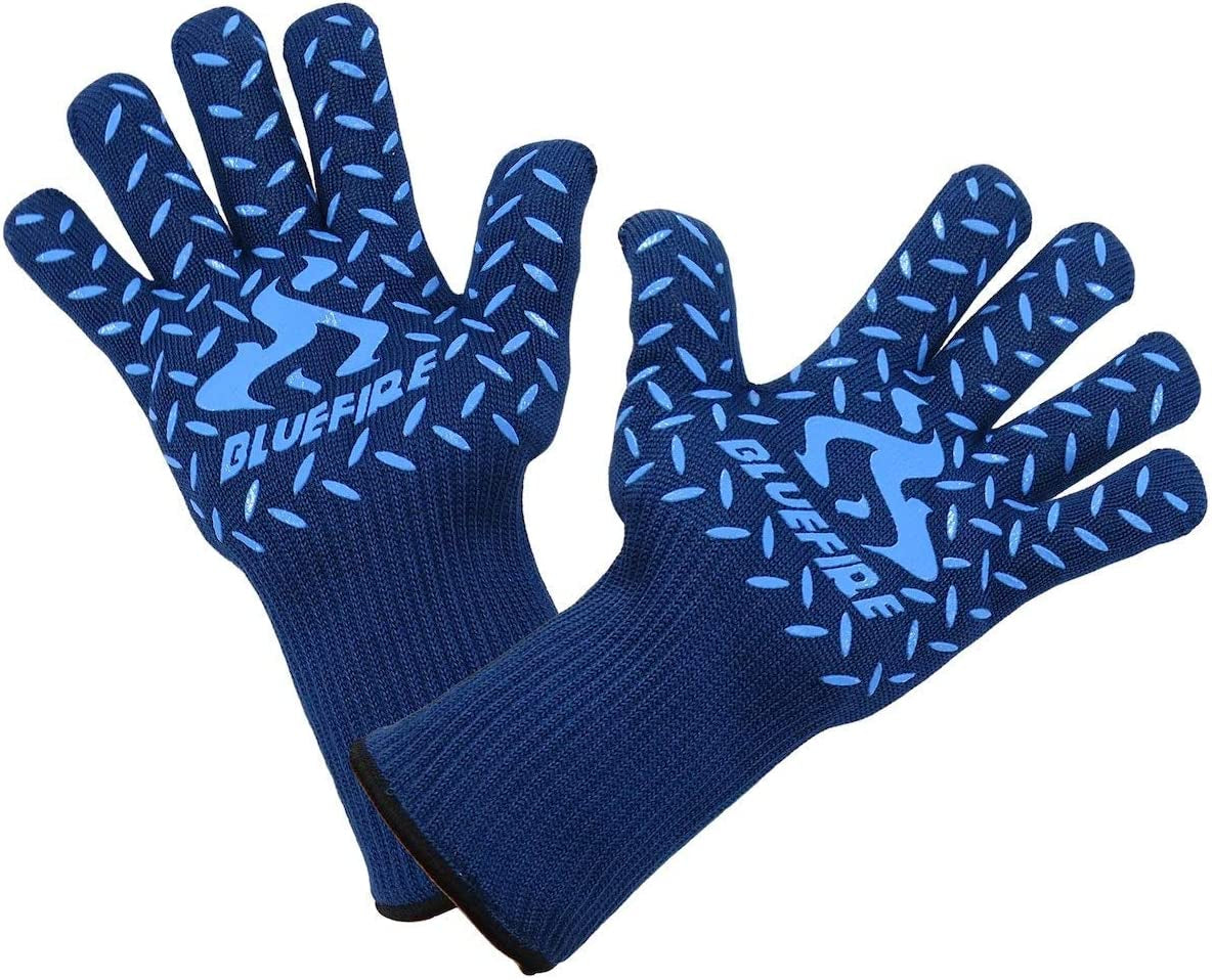 BBQ Grill Firepit Oven Mitts Highest Heat Resistance EN407 Lab Certified (X-Large, Blue)