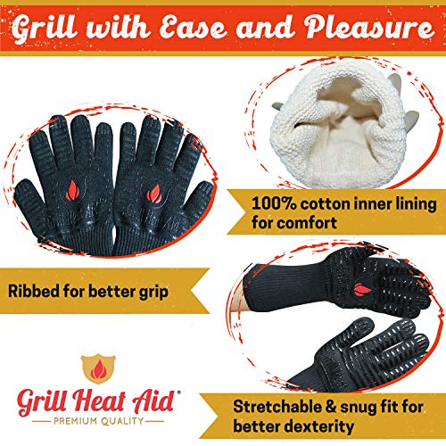 GRILL HEAT AID BBQ Gloves Heat Resistant 1,472ā Extreme. Dexterity in Kitchen to Handle Cooking Hot Food in Oven, Cast Iron, Pizza, Baking, Barbecue, Smoker & Camping. Fireproof Use for Men & Women
