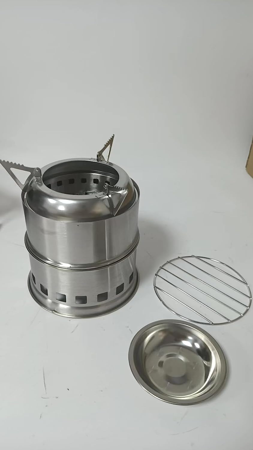Camping Stove, Ohuhu Mini Wood Stove Stainless Steel Portable Stove, Backpacking Survival Stove Wood Burning Stove for Picnic BBQ Camp Hiking with Grill Grid and Carry Bag