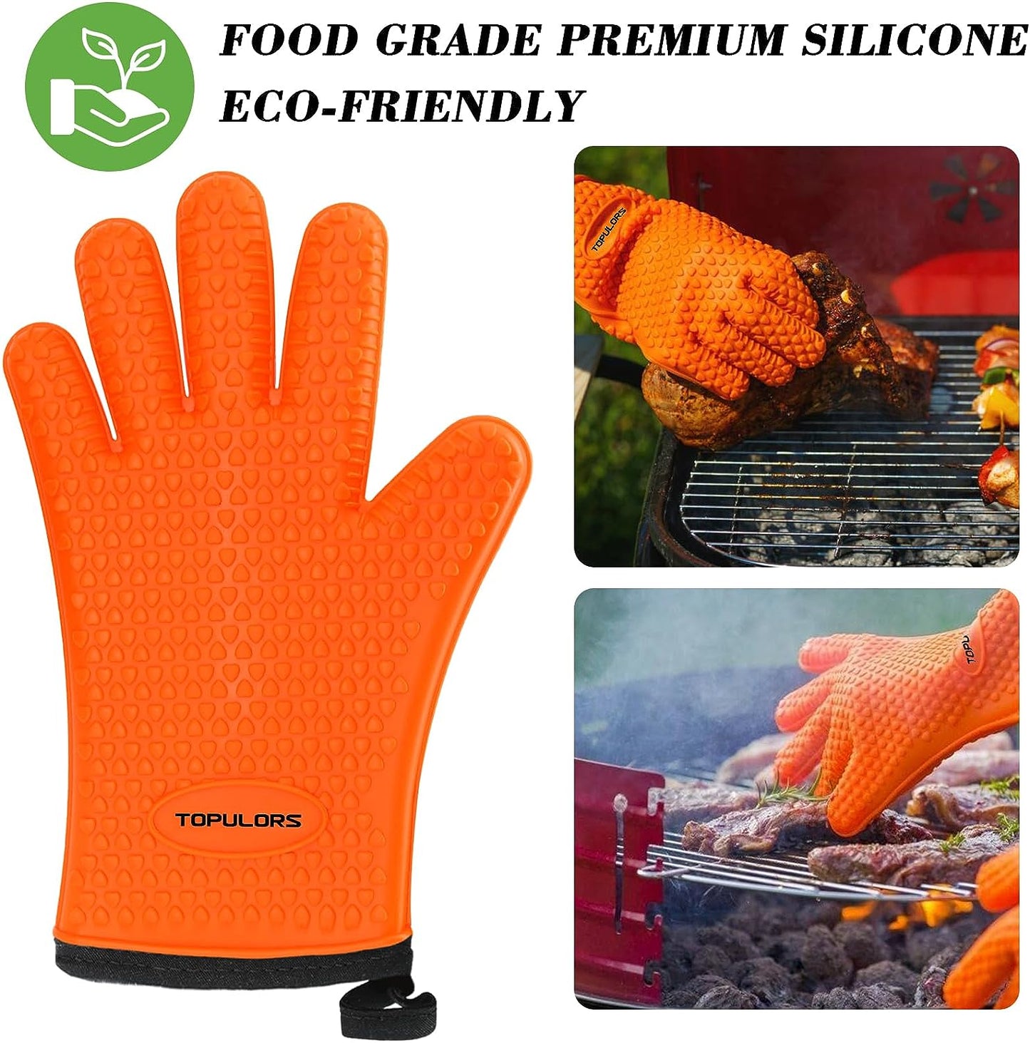 Silicone Gloves Oven Mitts Heat Resistant BBQ Smoker Grill Gloves Handle Hot Food Pulled Pork Gloves for Cooking Baking Grilling Barbecue Potholder Five Finger Gloves with Inner Cotton Layer - Orange