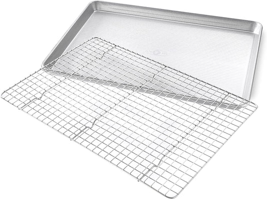 USA Pan Bakeware Half Sheet Baking Pan and Bakeable Nonstick and Cooling Rack Set, Metal