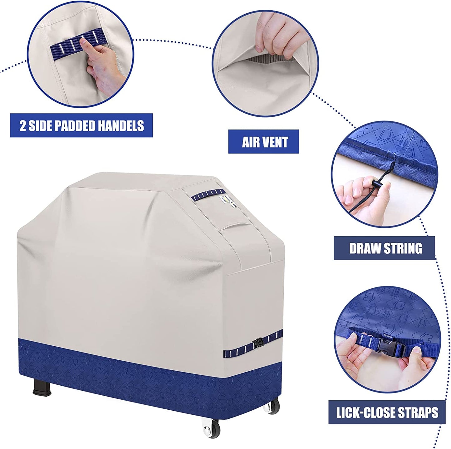 Grill Cover BBQ Grill Cover 600D Waterproof Heavy Duty Gas Grill Cover, UV & Dust & Rip-Proof, Barbecue Grill Covers for Weber, Brinkmann, Char Broil Grills (64" L X 26" W X 48" H Fog/Navy)