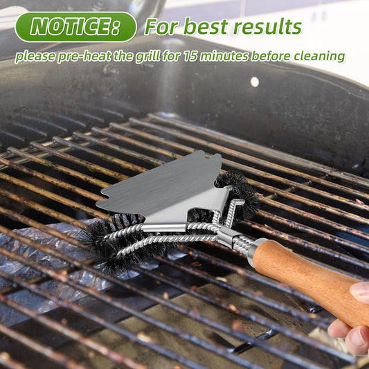 Grill Brush for Outdoor Grill, 15.3'' BBQ Grill Scraper Cleaning Brush for Outdoor Grill, Safe Stainless Steel Grill Cleaner Scrubber with Scraper, Beech Wood Handle, 1Pack