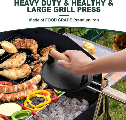 CEKEE 2PCS Burger Press, 7" round & 8.2"X 4.3" Rectangle, Heavy-Duty Cast Iron Grill Press with Wood Handle, Smash Burger Press Perfects for Blackstone Griddle, Flat Tops, Grills & Camp Chef