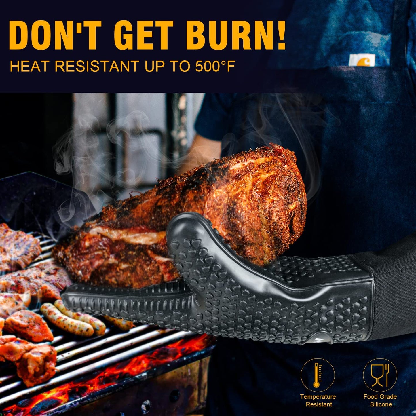 Grilling Gloves - Heat Resistant Silicone Oven Mitt, Premium Non-Slip Silicone Internal Protective Cotton Layer, Waterproof, Great for Grilling, Kitchen and Cooking (Black)…