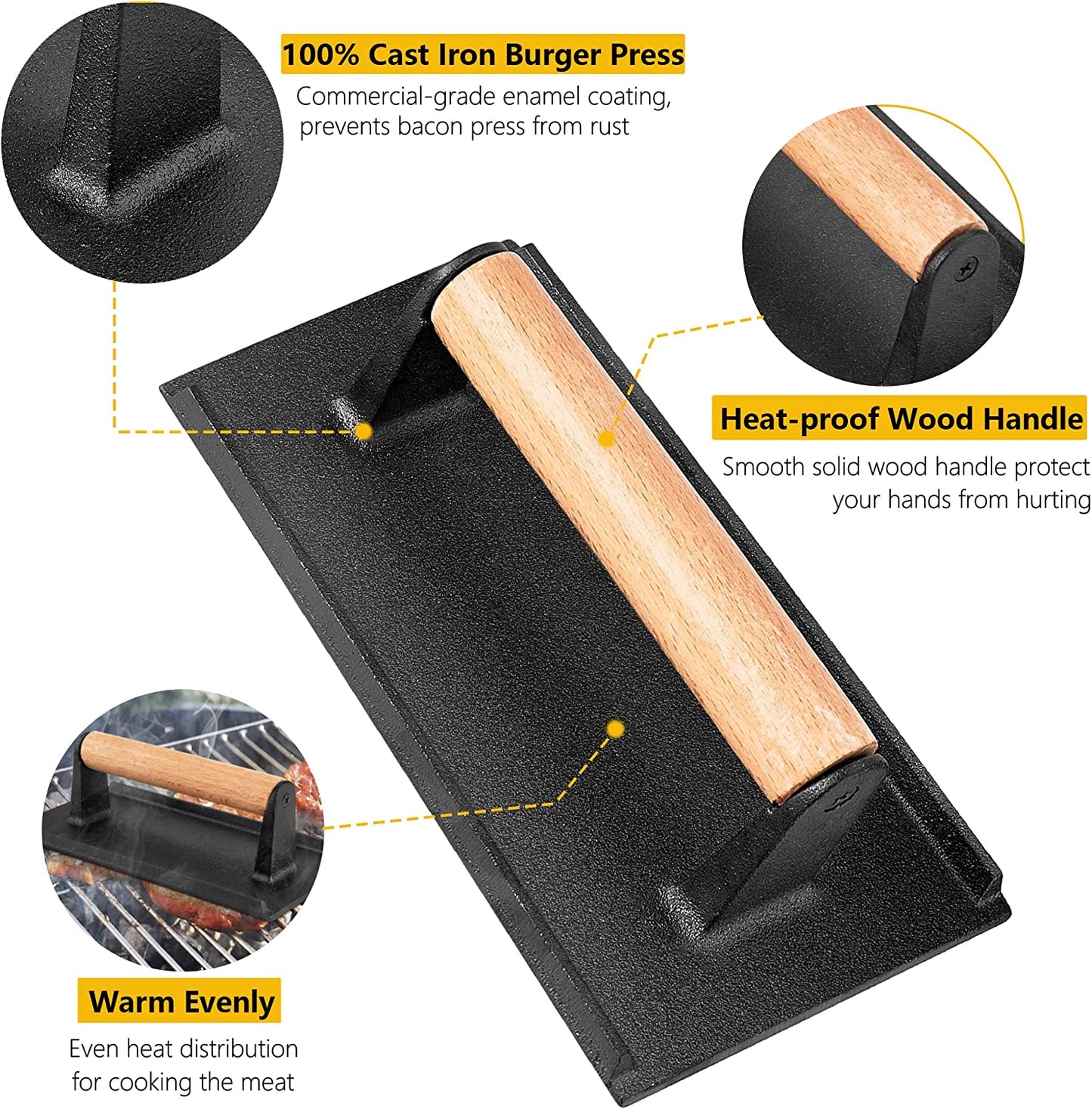 Leonyo 2Pcs Smash Burger Press, Bacon Press for Griddle, round Cast Iron Grill Press for Flat Top Grill, Rectangular Hamburger Smasher for Griddle, Food Meat Press for Steak, Sandwich, Nonstick Pan