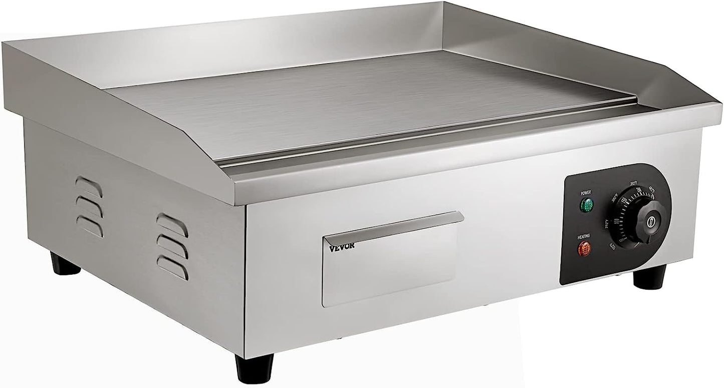 Commercial Electric Griddle, 22", 1600W Countertop Flat Top Grill, Stainless Steel Teppanyaki Grill with Non Stick Iron Cooking Plate, 122-572℉ Adjustable Temp Control 2 Shovels & Brushes, 110V