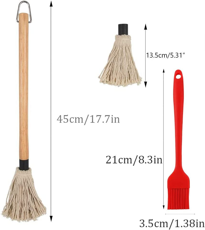 YOKIOU 18In Grill Basting Mop BBQ Mop Brushes for Sauce with 3 Extra Replacement Cotton Fiber Basting Mop Heads and 4 Pcs Silicone Basting Pastry & BBQ Brush Set