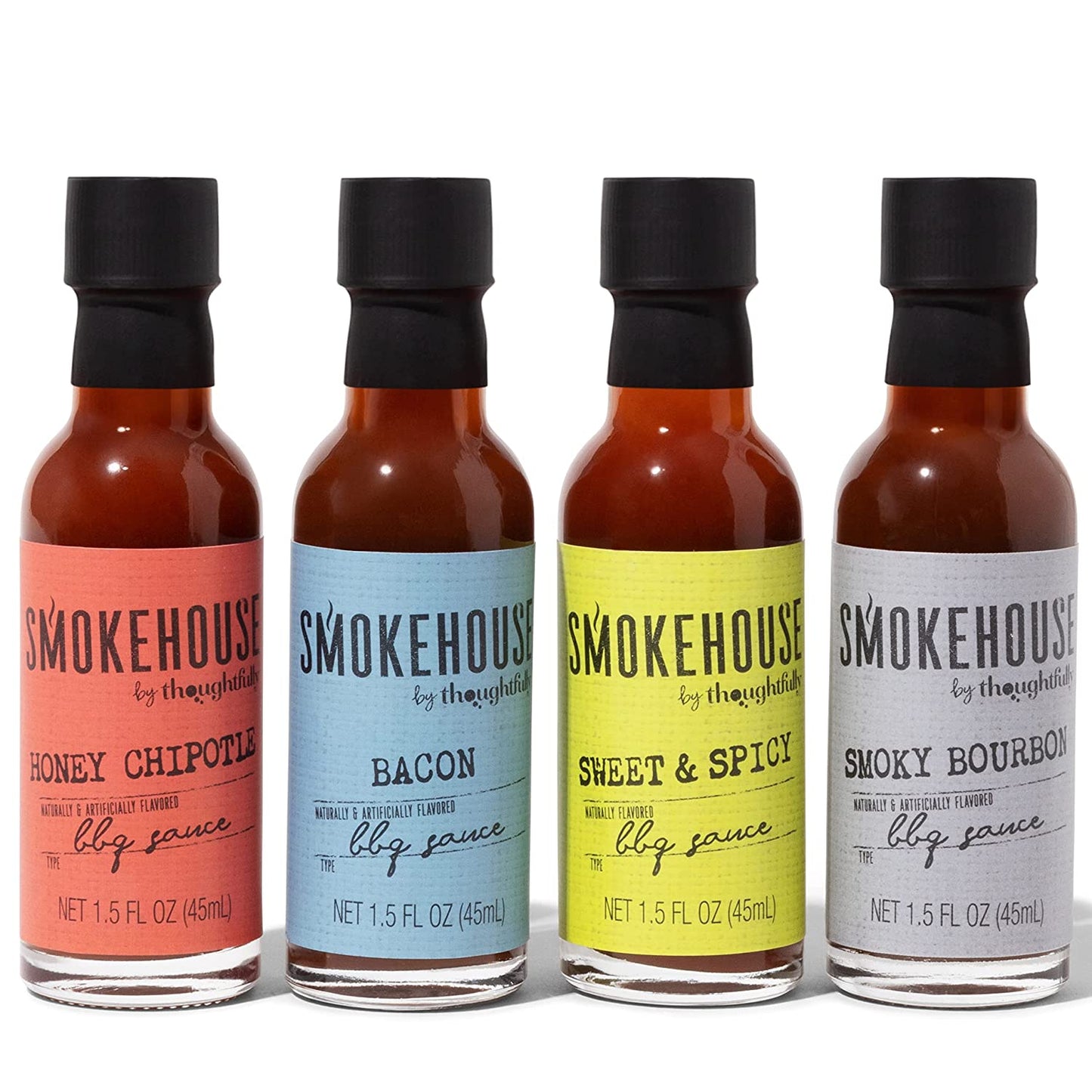 Smokehouse by Thoughtfully, Gourmet BBQ Sauce Sampler Set, Vegan and Vegetarian, Flavors Include Honey Chipotle, Smoky Bourbon, Sweet and Spicy, and Bacon BBQ Sauce, Pack of 4