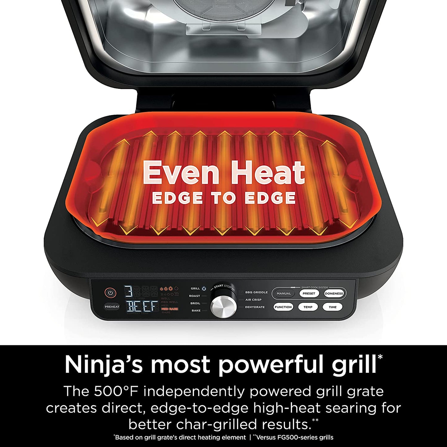 IG651 Foodi Smart XL Pro 7-In-1 Indoor Grill/Griddle Combo, Use Opened or Closed, Air Fry, Dehydrate & More, Pro Power Grate, Flat Top, Crisper, Smart Thermometer, Black