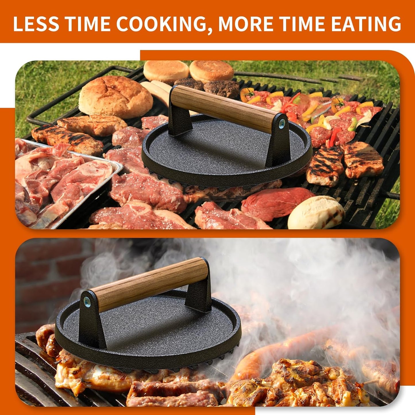 AIKKIL Burger Press, 7.08" round Heavy-Duty Cast Iron Smash Burger Press Meat Steak with Wood Handle for Blackstone, Blackstone Griddle Accessories for Sandwiches, Paninis(Round)