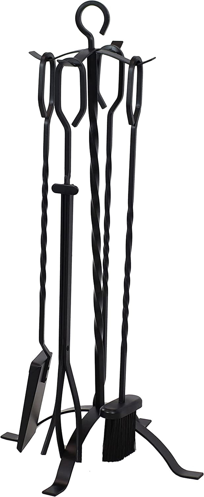 Sunnydaze 4-Piece Fireplace Tool Set with Stand - Heavy-Duty Black Steel Poker, Shovel, Log Grabber and Broom