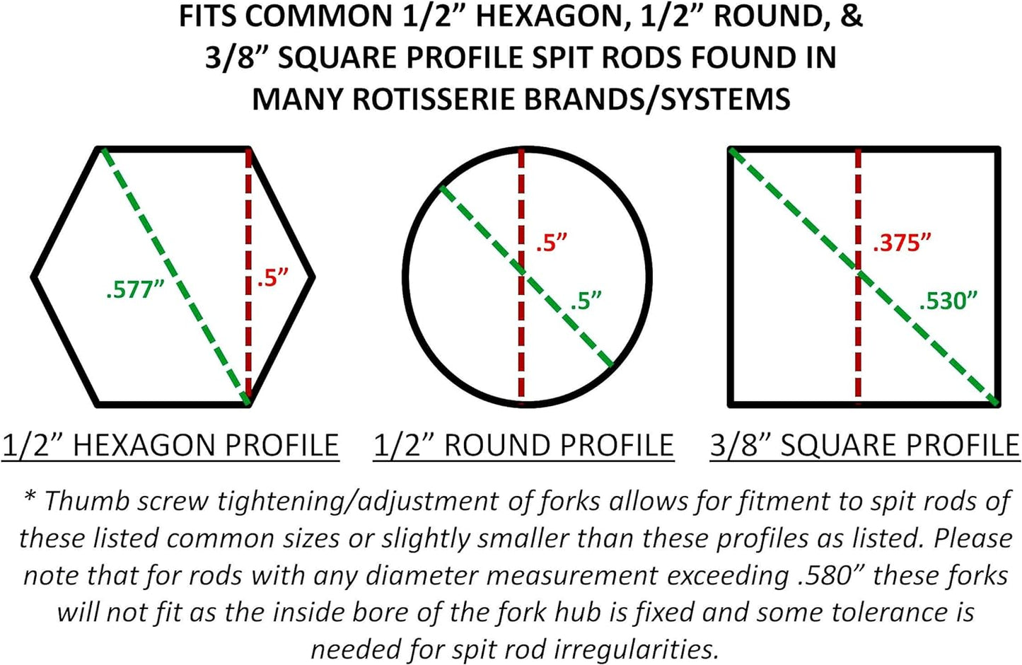 Onegrill Stainless Steel Grill Rotisserie Spit Rod Forks (Fits: 1/2 Inch Hexagon, 3/8 Inch Square, 1/2 Inch Round)