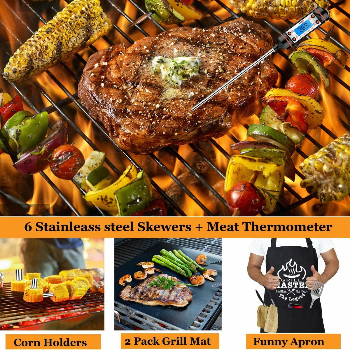 Grill Utensils Set,Bbq Grilling Accessories, Grill Set Gifts for Men Grill Tools, Barbeque with Apron, Stainless Steel Grill Kit Set Gifts for Men or Dad (Style 1)