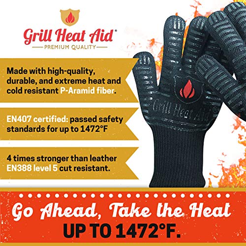 GRILL HEAT AID BBQ Gloves Heat Resistant 1,472ā Extreme. Dexterity in Kitchen to Handle Cooking Hot Food in Oven, Cast Iron, Pizza, Baking, Barbecue, Smoker & Camping. Fireproof Use for Men & Women