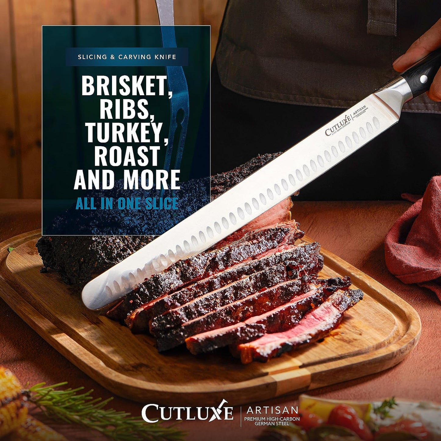 Cutluxe Slicing Carving Knife – 12" Brisket Knife, Meat Cutting and BBQ Knife – Razor Sharp German Steel – Full Tang & Ergonomic Handle Design – Artisan Series