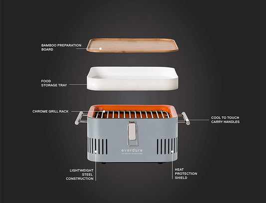 CUBE Portable Charcoal Grill, Tabletop BBQ, Perfect Tailgate, Beach, Patio, or Camping Grill, Lightweight & Compact Small Grill with Preparation Board & Food Storage Tray, Stone