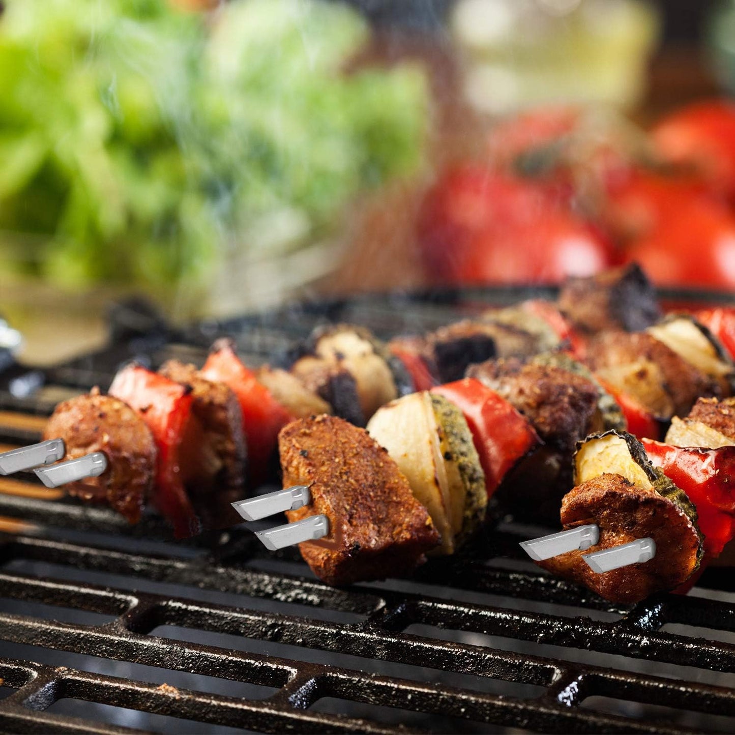 Blue Donuts 10 Pack Kabob Skewers for Grilling 17 Inch – Kabob Skewers with Push Bar, Stainless Steel Skewers with Comfortable Handle Grip, BBQ Grilling Accessories